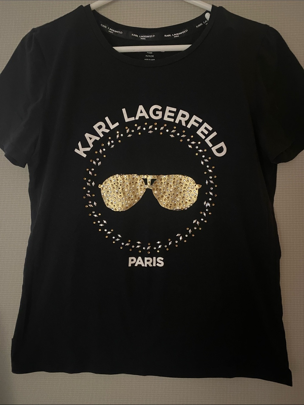 Karl Lagerfeld Black Tee with Gold Studded Sunglasses Motif